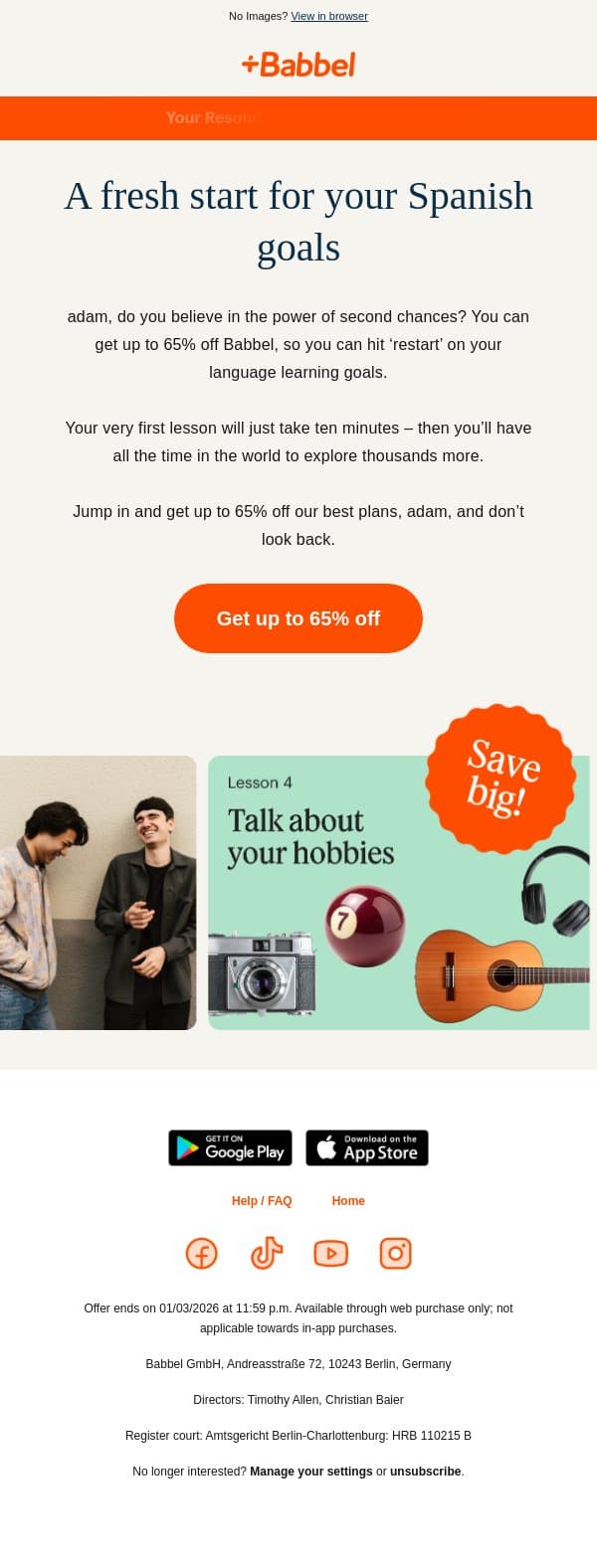 Reboot your resolution 💻 Get up to 65% off our best plans email from Babbel screenshot