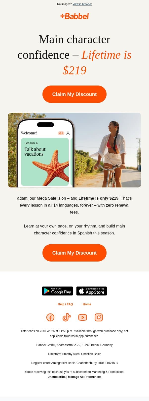 ☀️ Mega Sale: Lifetime is $219 email from Babbel screenshot