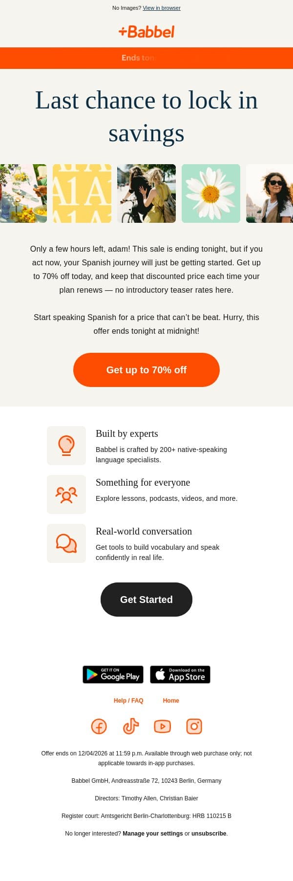👋 Say goodbye to 70% off email from Babbel screenshot