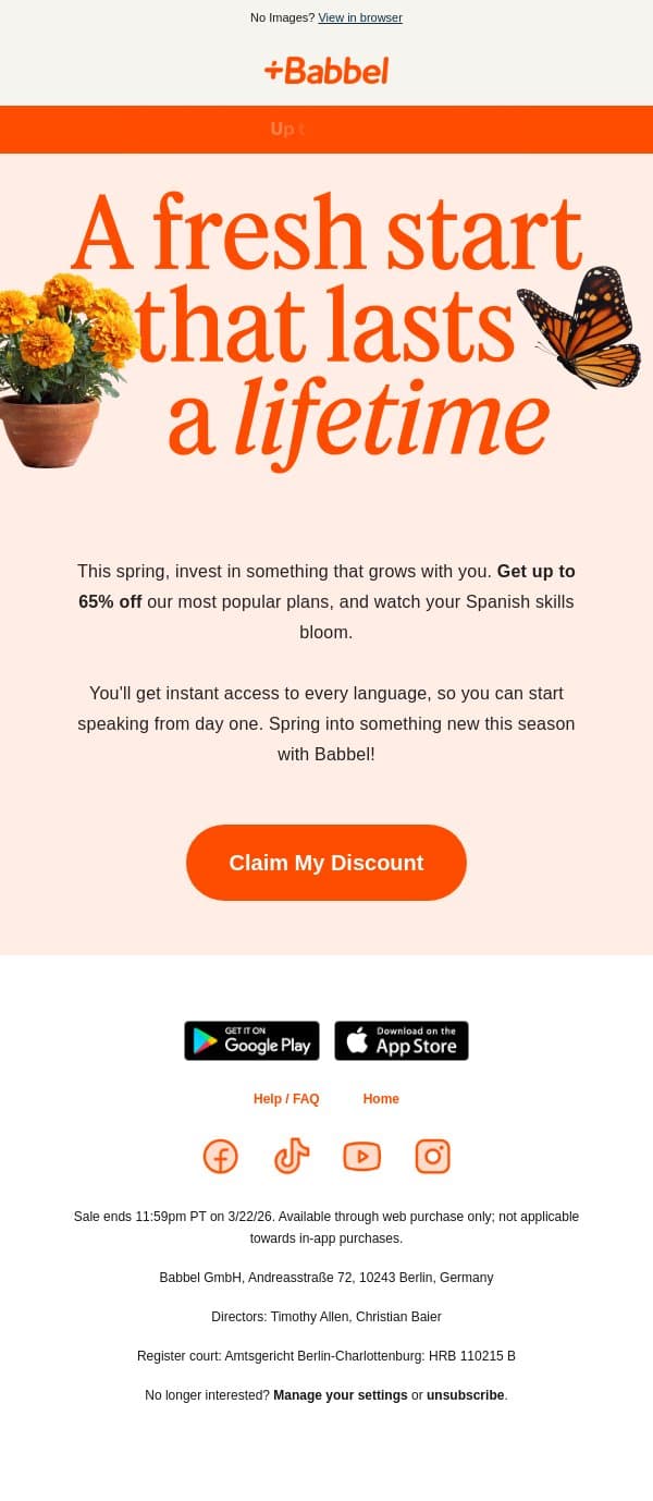 🌸 Spring starts now: 65% off Babbel email from Babbel screenshot