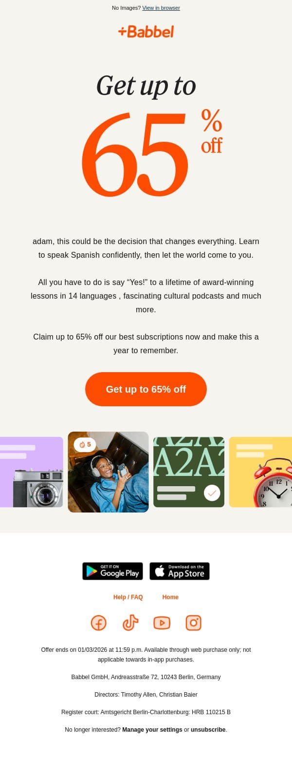 🖐️ Last Call: Get up to 65% off our best plans email from Babbel screenshot