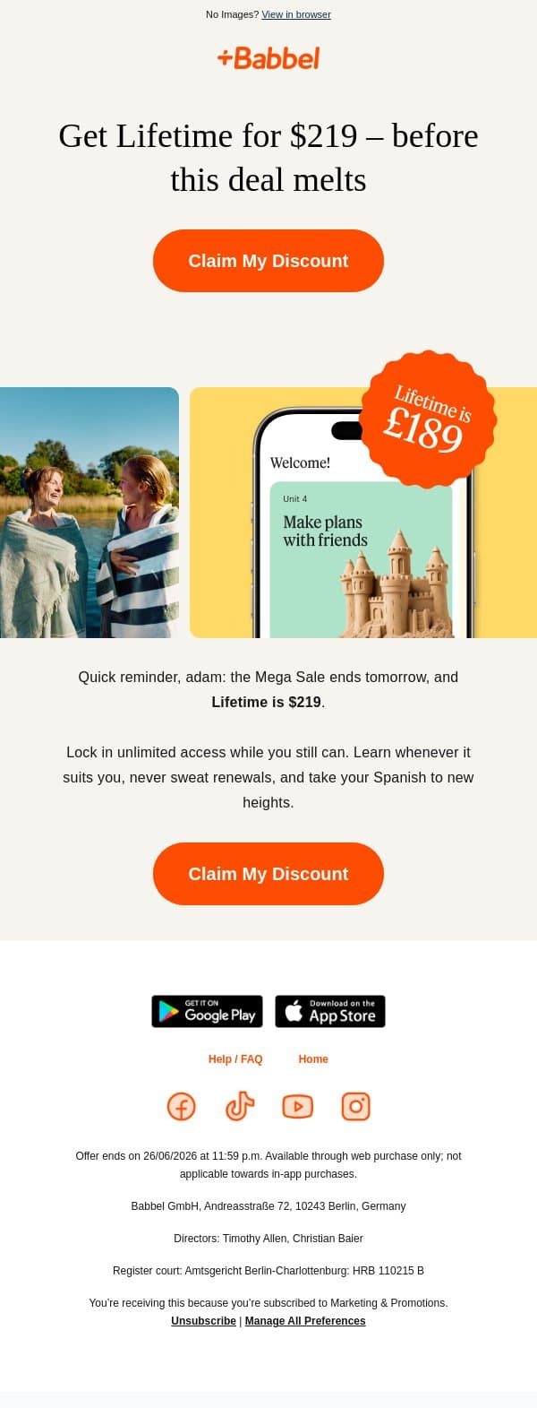 🧊 Don’t let $219 Lifetime melt email from Babbel screenshot