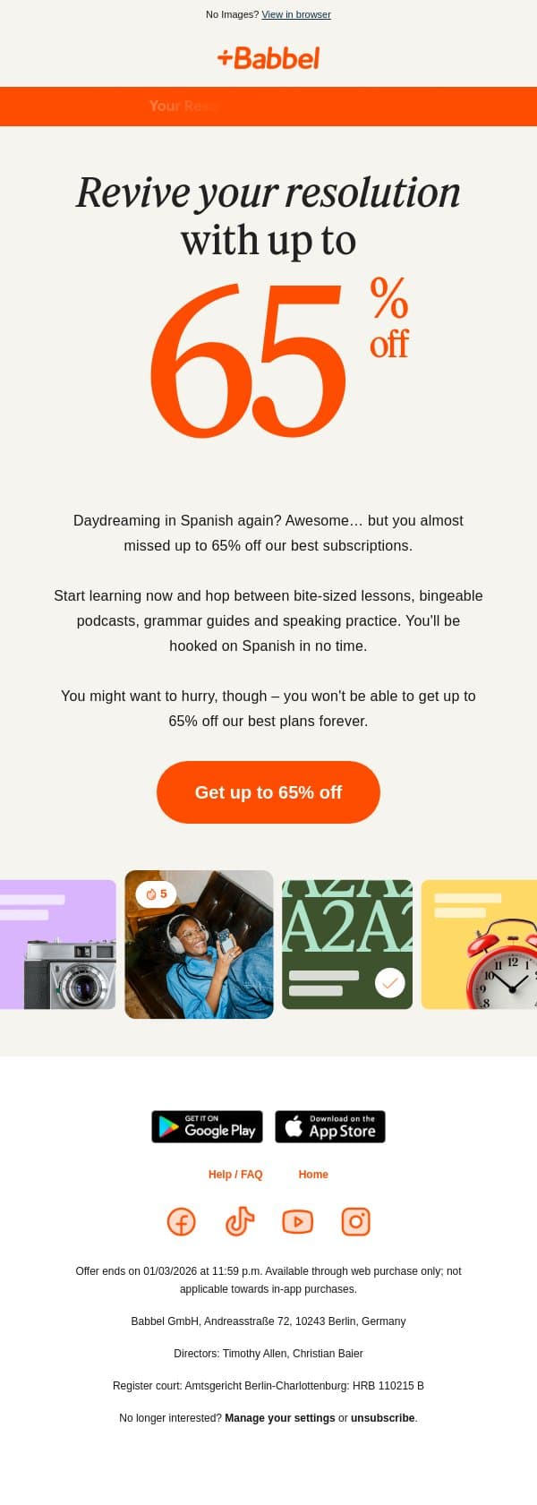 😲 This is not a drill adam: Get up to 65% off our best plans email from Babbel screenshot
