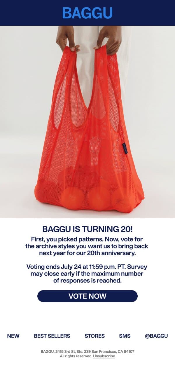 Pick Our 20th Anniversary Bags email from Baggu screenshot