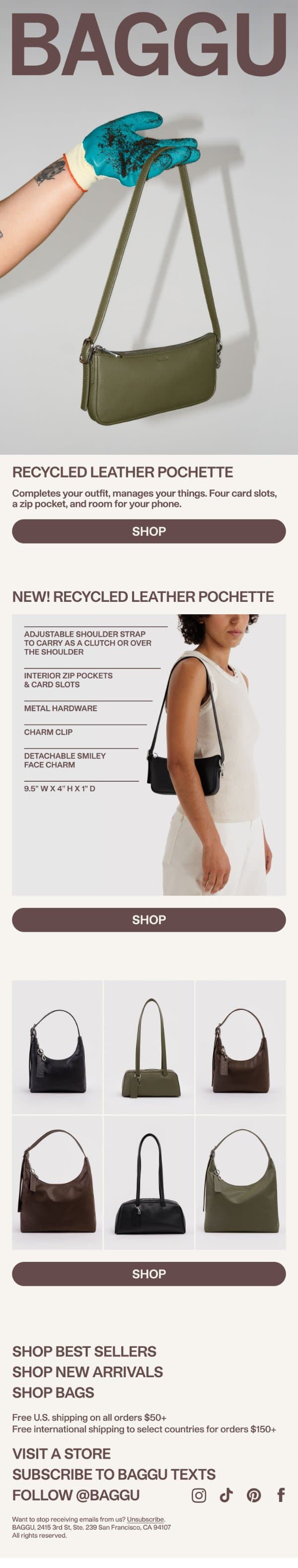 NEW: The Recycled Leather Pochette Bag email from Baggu screenshot