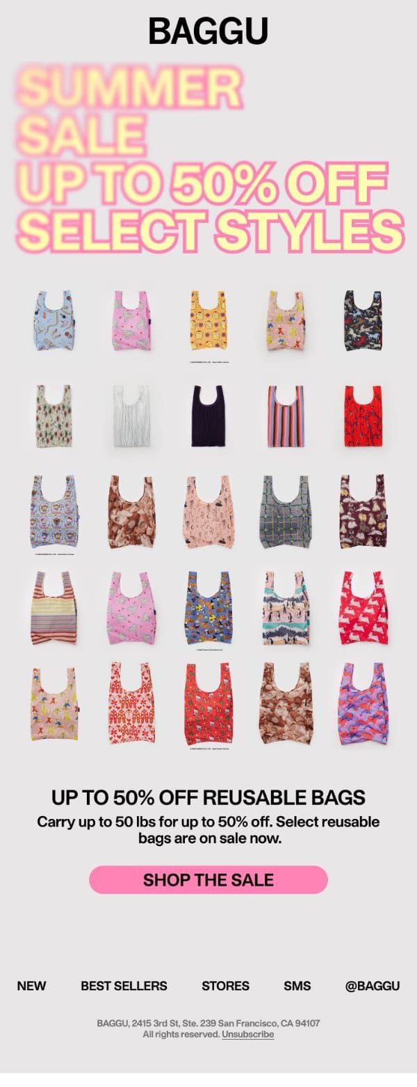 Up to 50% Off Select Reusable Bags email from Baggu screenshot