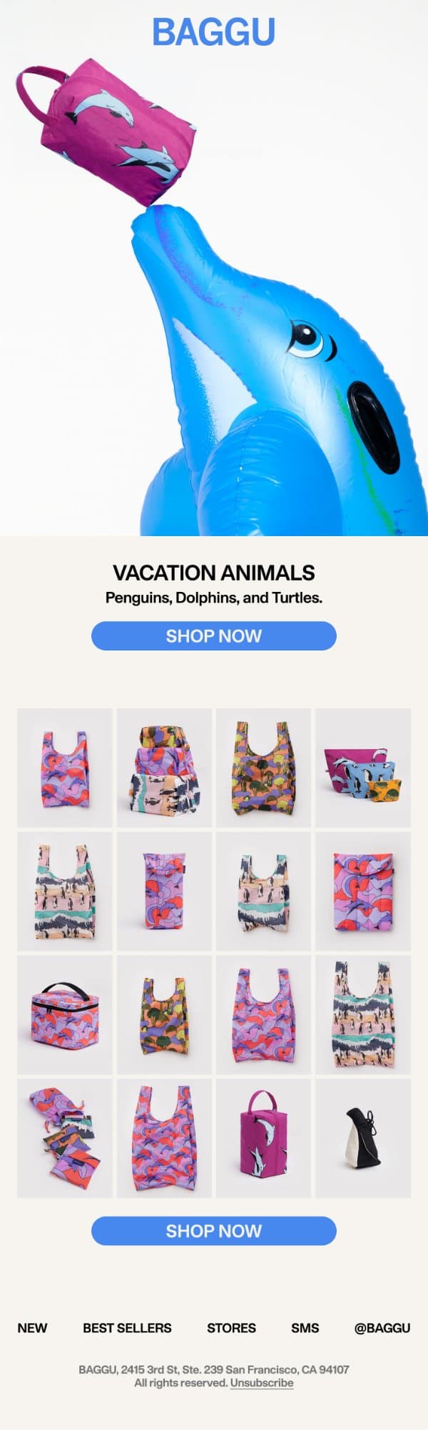 Vacation Animals: Penguins, Dolphins, and Turtles email from Baggu screenshot