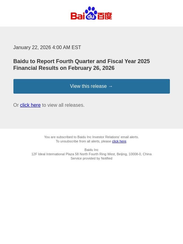 Baidu to Report Fourth Quarter and Fiscal Year 2025 Financial Results on February 26, 2026 email from Baidu screenshot
