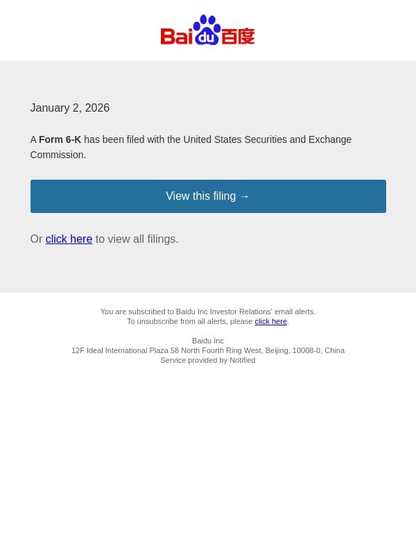 New Form 6-K for Baidu Inc email from Baidu screenshot