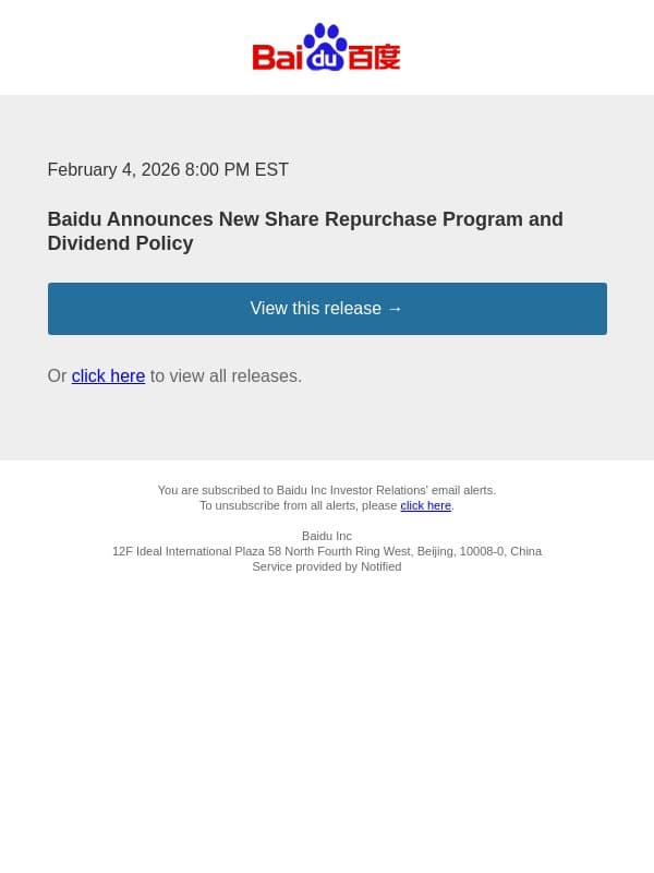 Baidu Announces New Share Repurchase Program and Dividend Policy email from Baidu screenshot