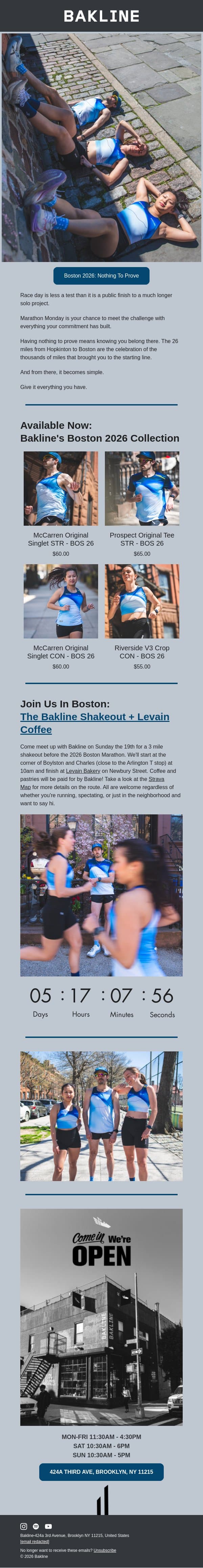 Boston 2026 Drop + Shakeout email from Bakline screenshot