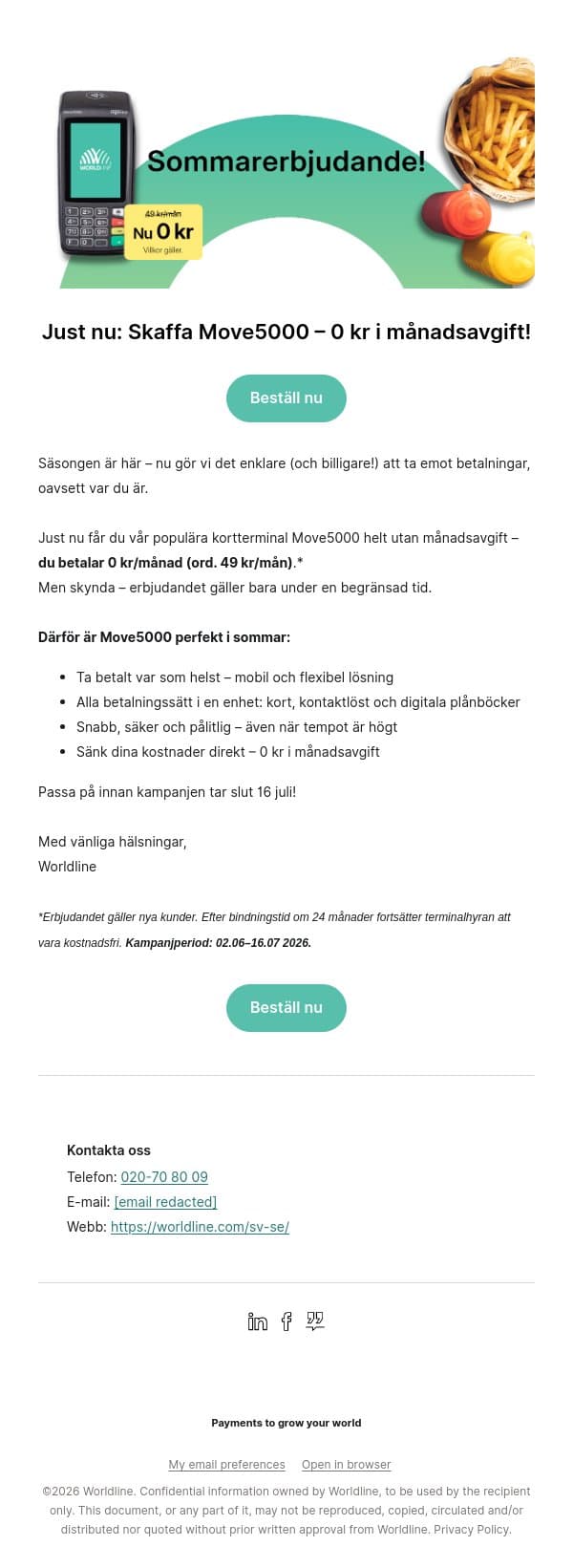 Redo för en smidigare sommar? Ta betalt var du vill – till 0 kr/mån ☀️ email from Bambora screenshot