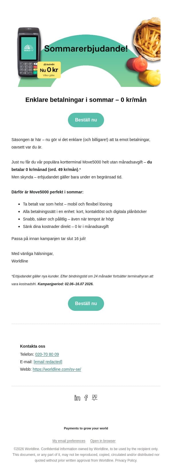 Sista chansen: 0 kr i månadsavgift email from Bambora screenshot