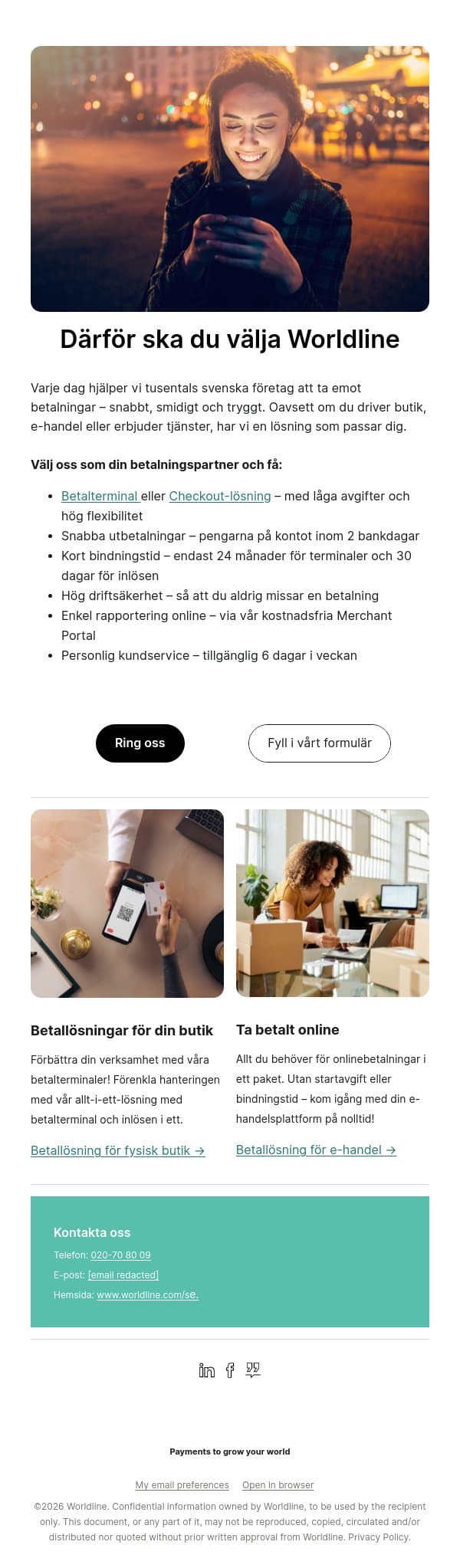 Därför ska du välja Worldline email from Bambora screenshot
