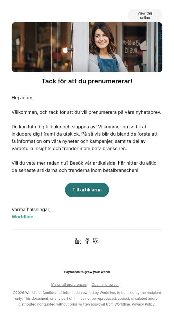 Tack för att du prenumererar! email from Bambora screenshot