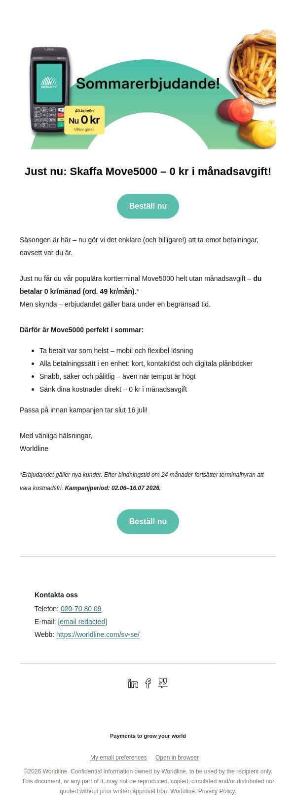 Missade du vårt sommarerbjudande? Ta betalt var du vill – till 0 kr/mån email from Bambora screenshot