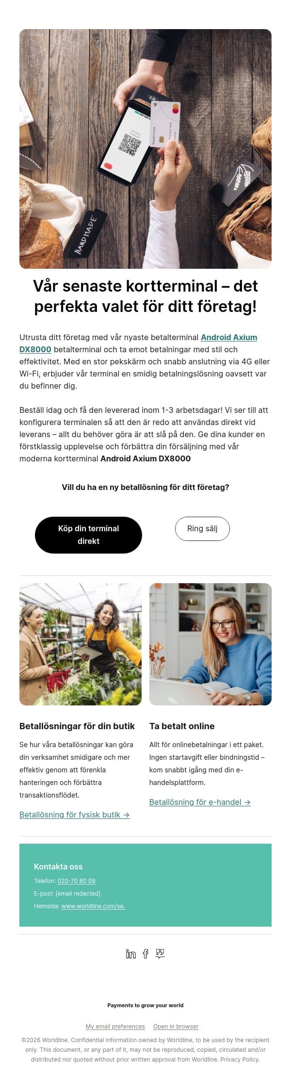 Vår senaste kortterminal Axium DX8000 – det perfekta valet för ditt företag! email from Bambora screenshot