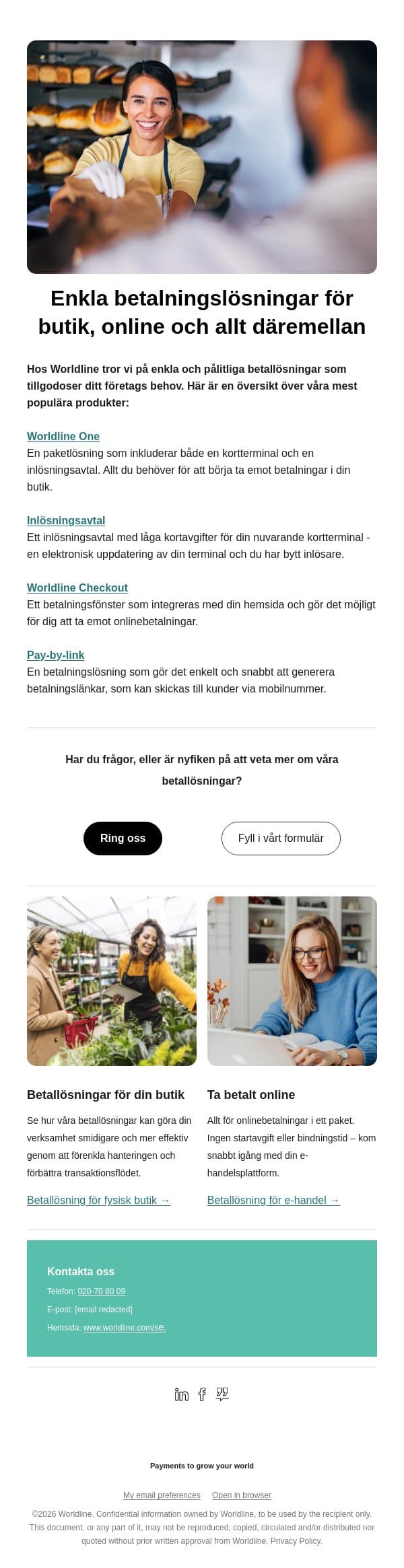 Enkla betalningslösningar för butik, online och allt däremellan email from Bambora screenshot