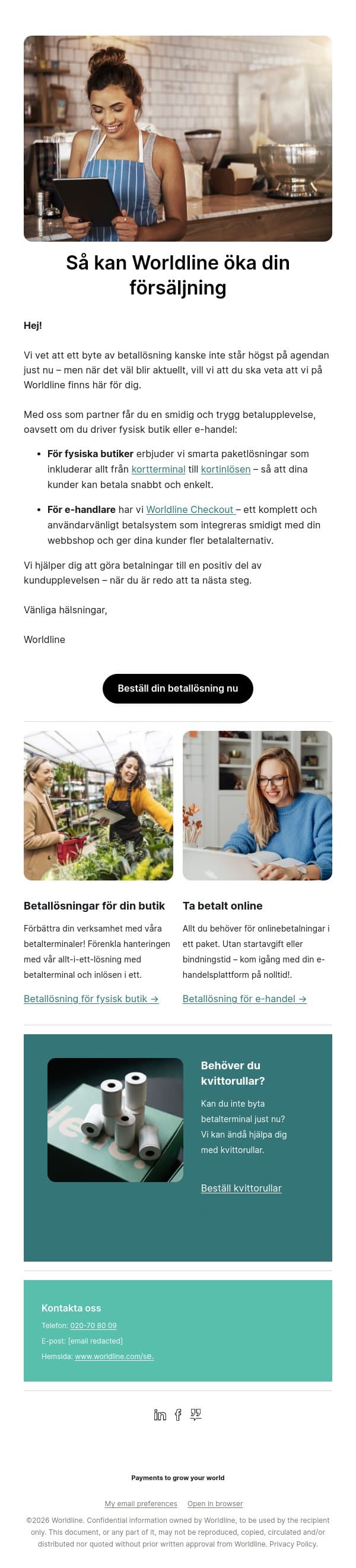 Så kan Worldline öka din försäljning email from Bambora screenshot