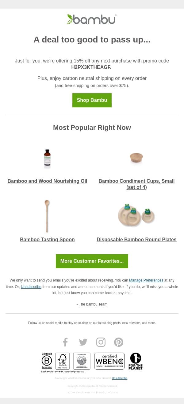 friend, you've got 15% off waiting! email from Bambu screenshot