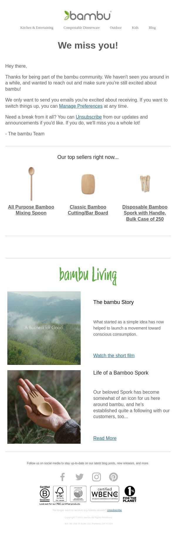 We miss you, friend email from Bambu screenshot