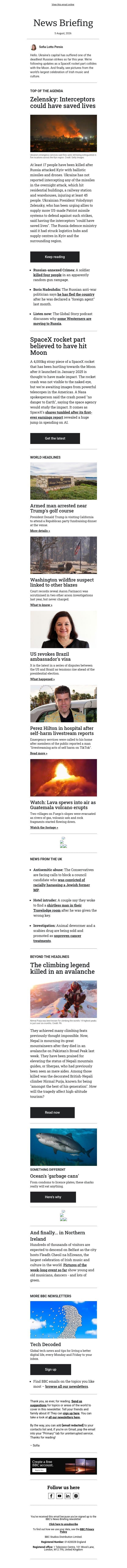 Russian ballistic missiles strike Kyiv email from BBC screenshot
