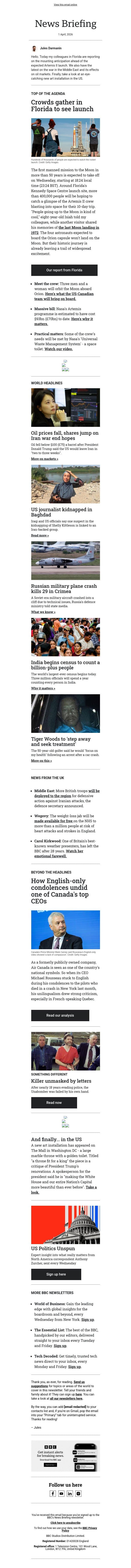 Excitement builds ahead of Artemis II launch email from BBC screenshot