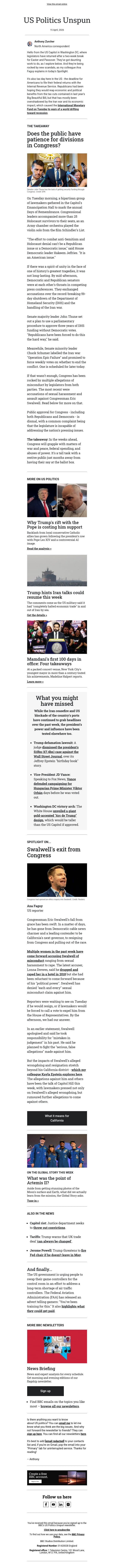 Why Congress has a daunting task ahead email from BBC screenshot