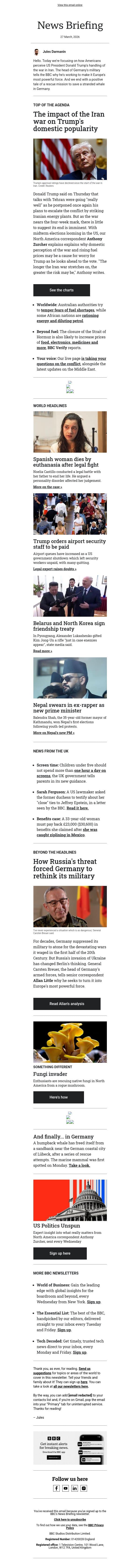 Three charts showing warning signs for Trump on Iran war email from BBC screenshot
