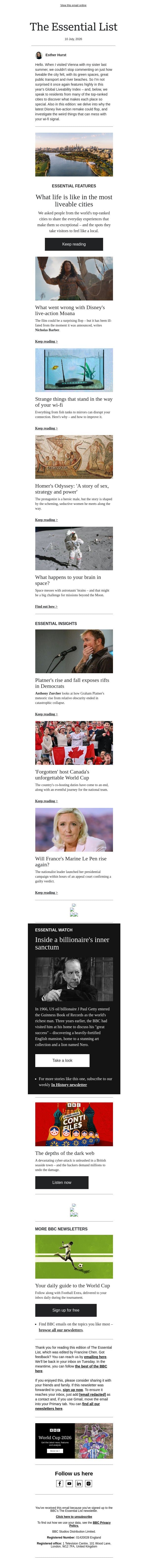 Secrets of the world's most liveable cities for 2026 email from BBC screenshot