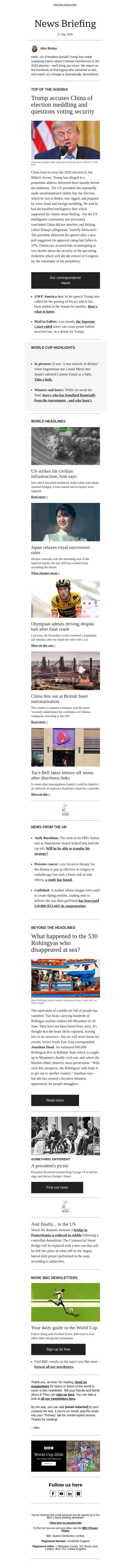 Trump's China allegations email from BBC screenshot