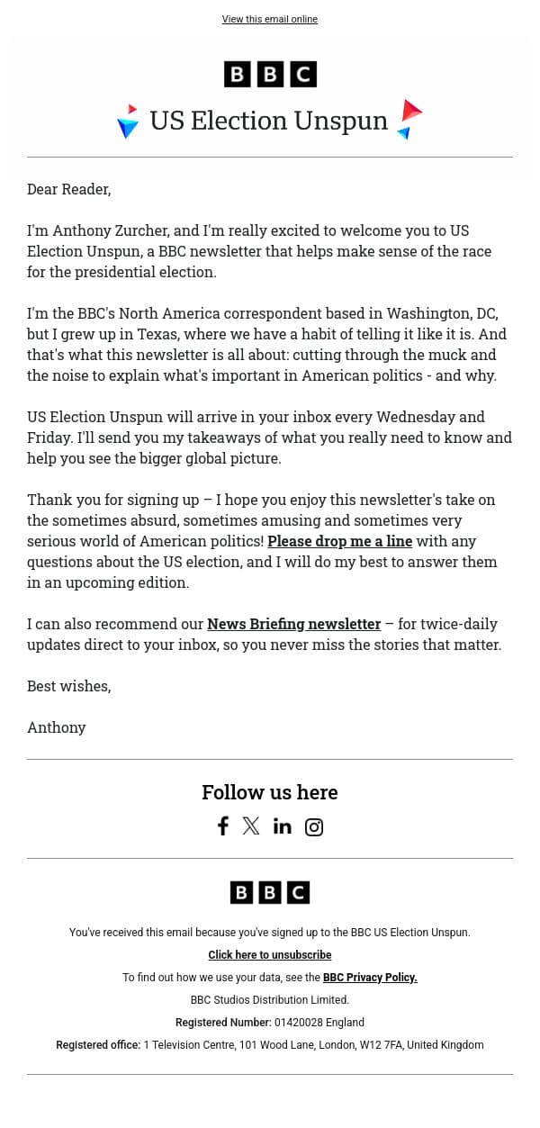 Welcome to US Election Unspun email from BBC screenshot
