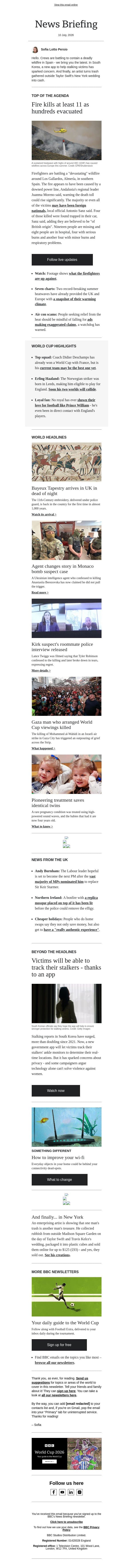 Deadly wildfire rages in Spain email from BBC screenshot