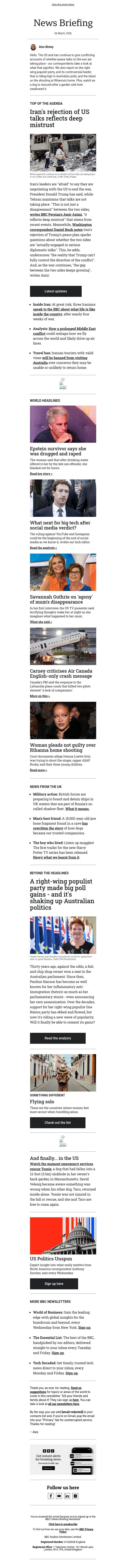 Is Trump any closer to an Iran exit strategy? email from BBC screenshot