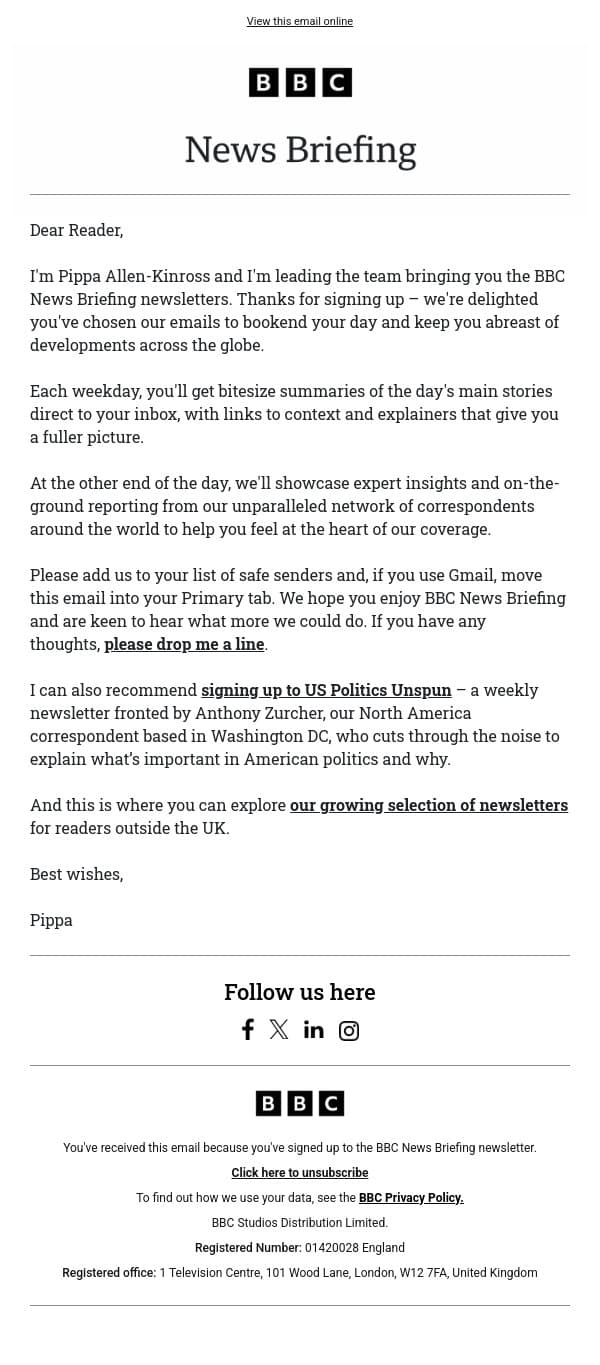 Welcome to News Briefing email from BBC screenshot
