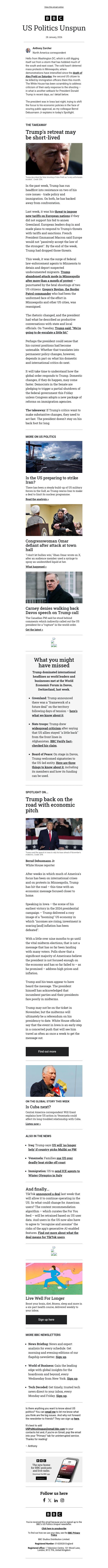Trump promises to 'de-escalate' – for now email from BBC screenshot