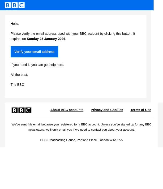 Please verify your email address email from BBC screenshot