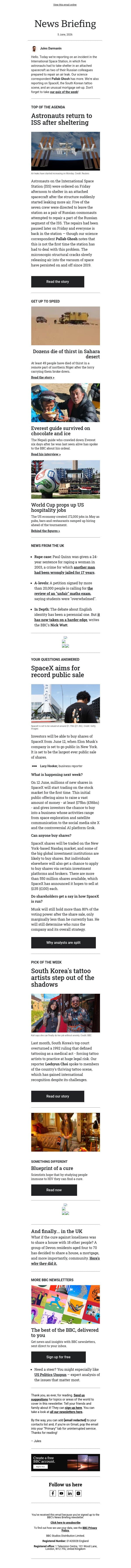 Air leak puts ISS astronauts on alert email from BBC screenshot