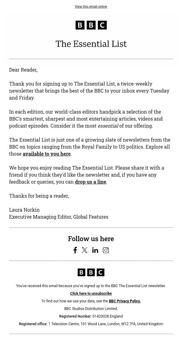 Welcome to The Essential List email from BBC screenshot