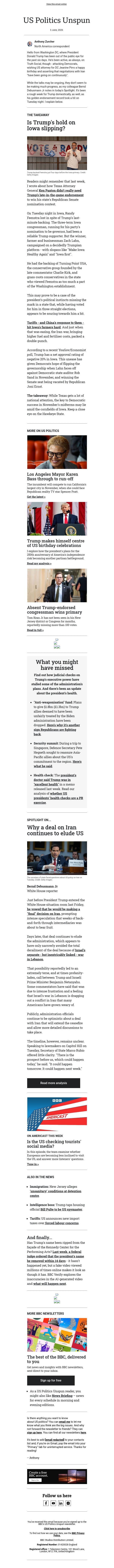 Why Iowa is one to watch email from BBC screenshot