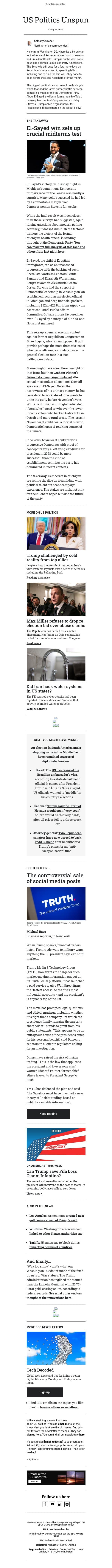 Michigan result rocks Democratic Party email from BBC screenshot