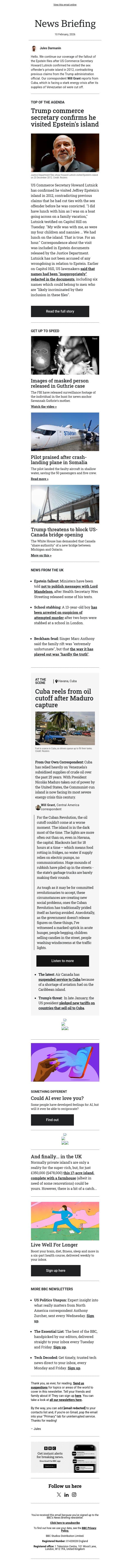 US commerce secretary confirms Epstein island visit email from BBC screenshot
