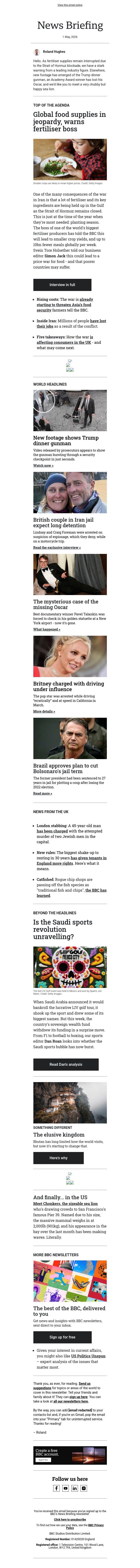 Billions of meals 'at risk due to war' email from BBC screenshot