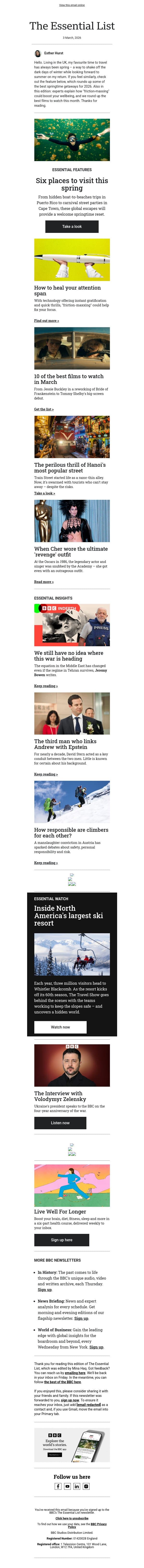 The best spring getaways for 2026 email from BBC screenshot