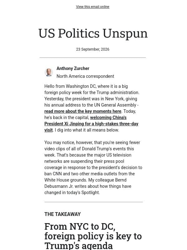 Can world stage help Trump at home? email from BBC