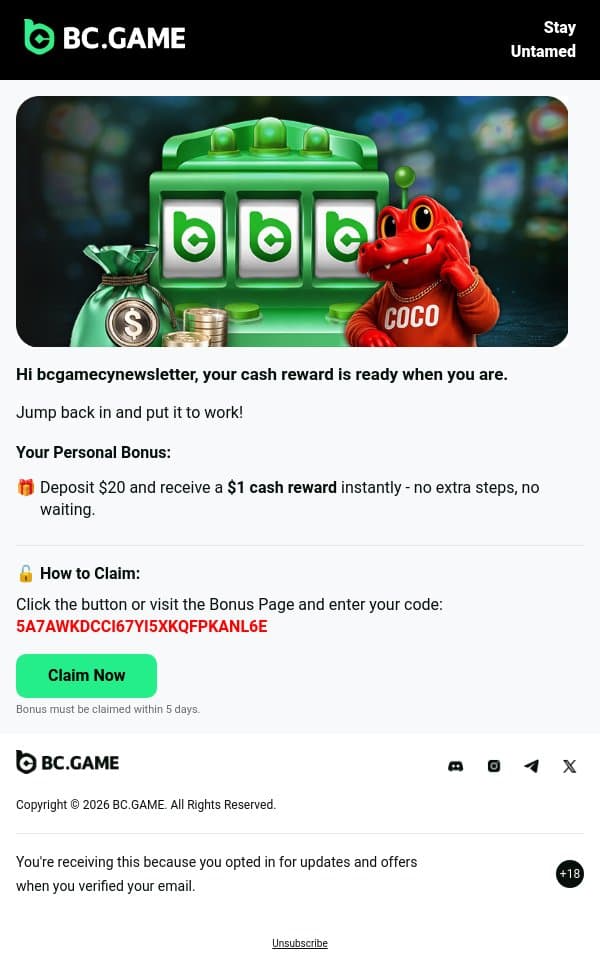💎 Claim Your Exclusive Reward email from BC.Game screenshot