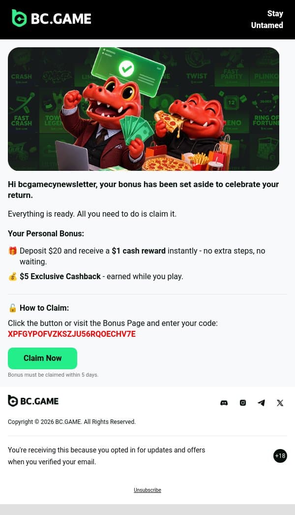 💰 $5 Exclusive Cashback Is Yours email from BC.Game screenshot