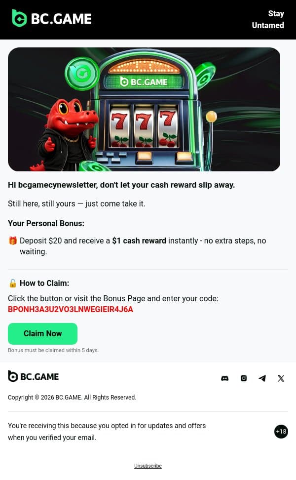 Your Cash Reward has arrived. email from BC.Game screenshot