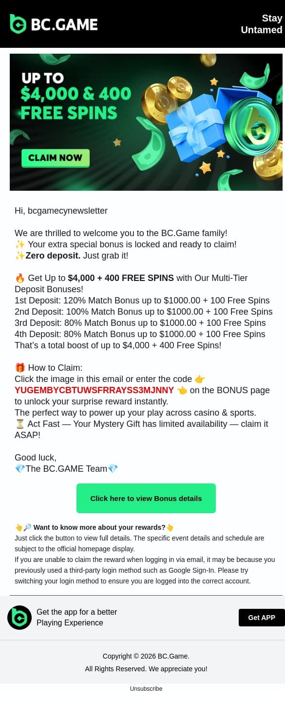 🔥💸 WELCOME to BC.Game! Special Bonus for you inside! email from BC.Game screenshot