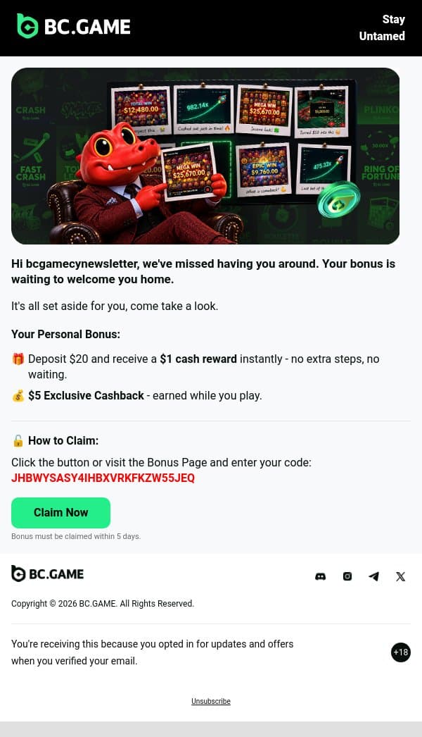 📬 New drop: $5 Exclusive Cashback email from BC.Game screenshot